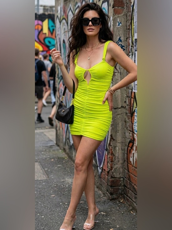 Zara Dresses & Skirts - Zara Neon Lime Viral Ruched Blogger Fave Keyhole Mini Dress XS